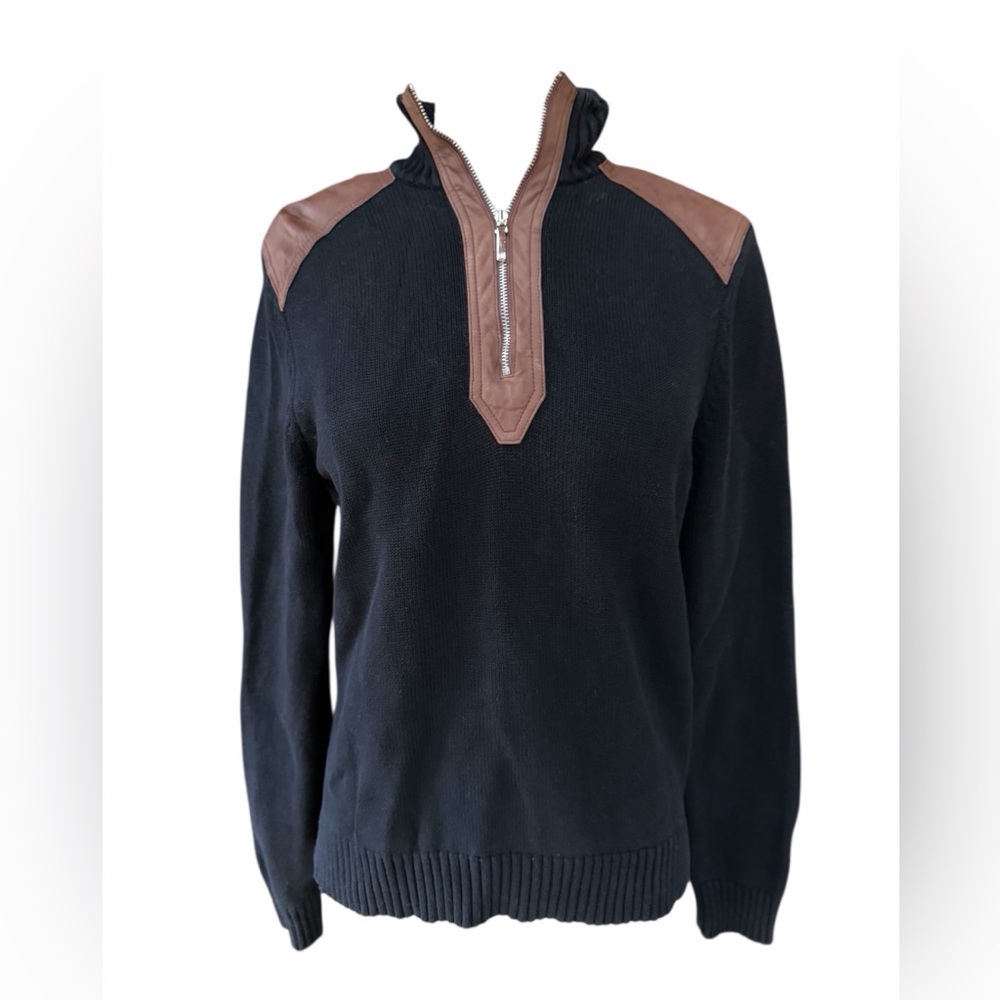 1990s Lauren Ralph Lauren 100% Cotton w/Leather Shoulders & Quarter Zip Trim Pul